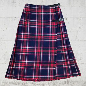 90s Vintage Navy Red Tartan Archie Brown Scottish Tartan Wool Kilt Skirt Size 8